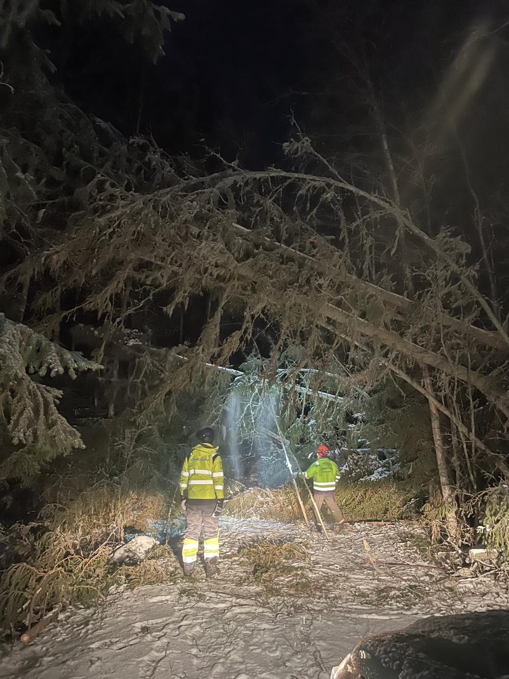 Myrskyn jälkeinen raivaustyö pimeällä
