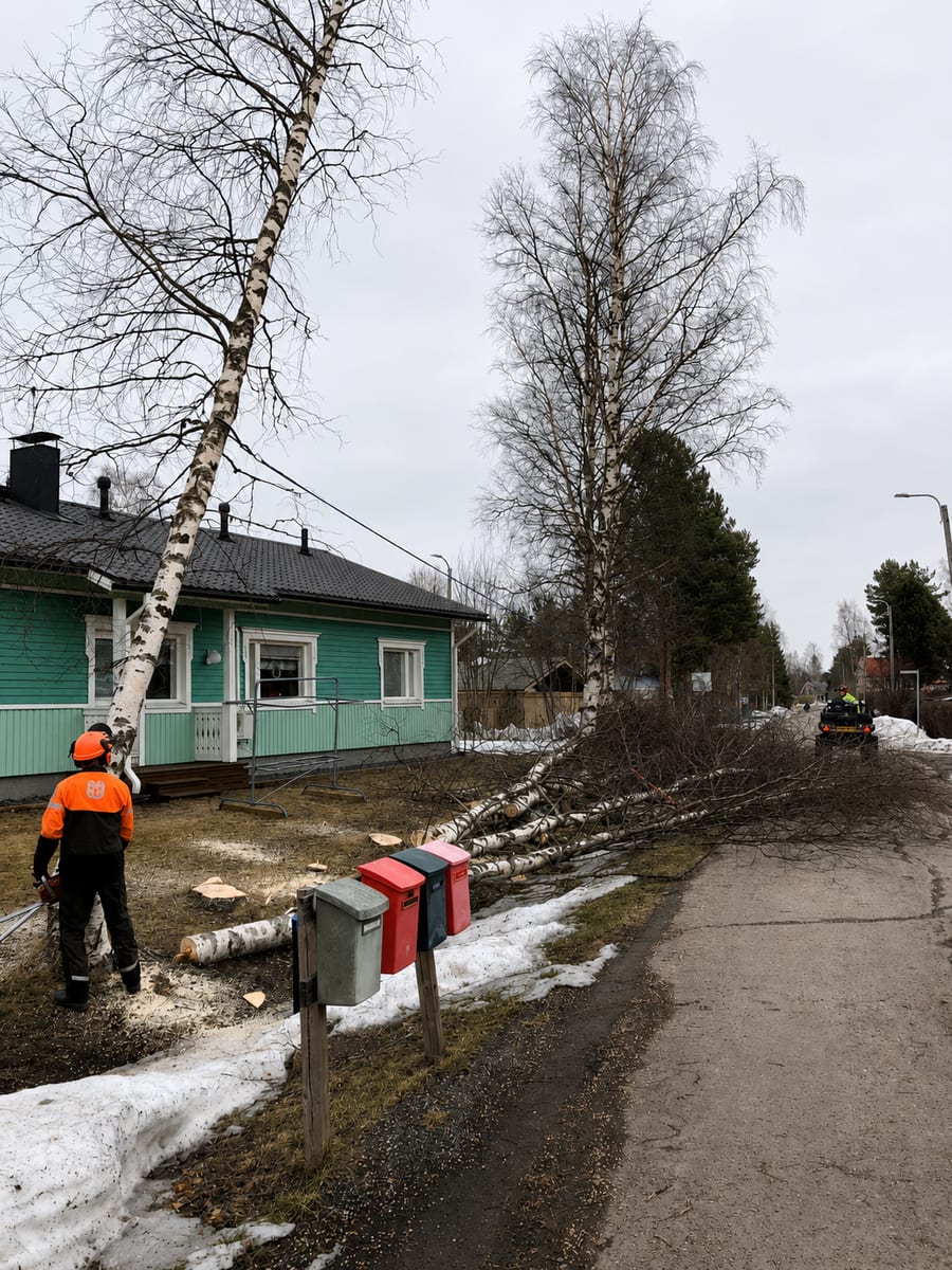 Kaatuneen puun raivaustyötä